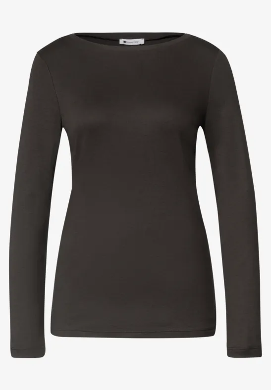 Schwarzes, schmal geschnittenes Langarmshirt mit Rundhalsausschnitt.