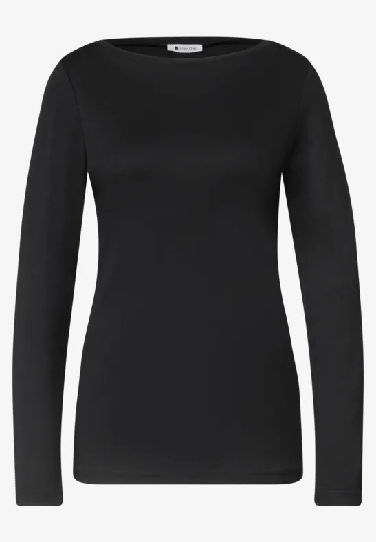 Schwarzes, eng anliegendes Langarmshirt mit Rundhalsausschnitt, schlichtes und vielseitiges Basic-Oberteil.