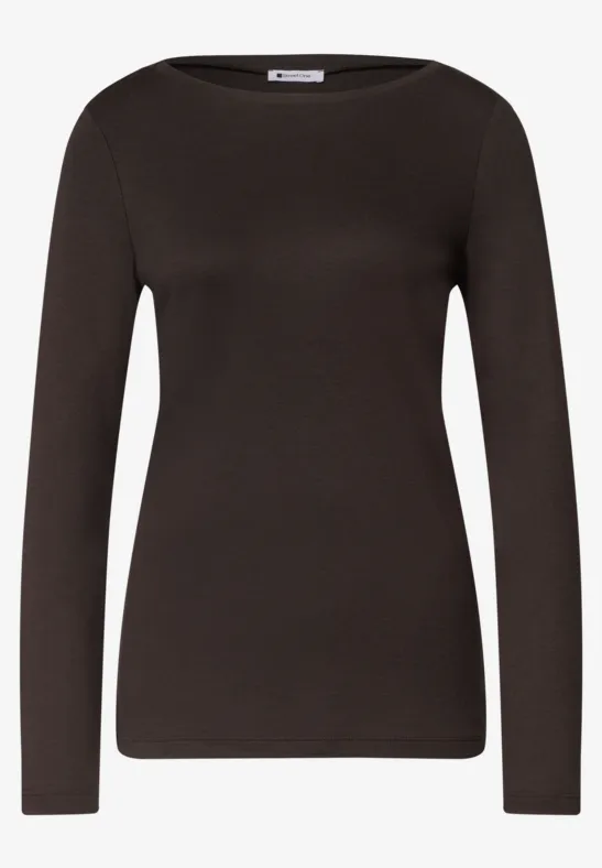 Schlichtes dunkelbraunes Langarmshirt mit rundem Halsausschnitt und schmaler Passform.