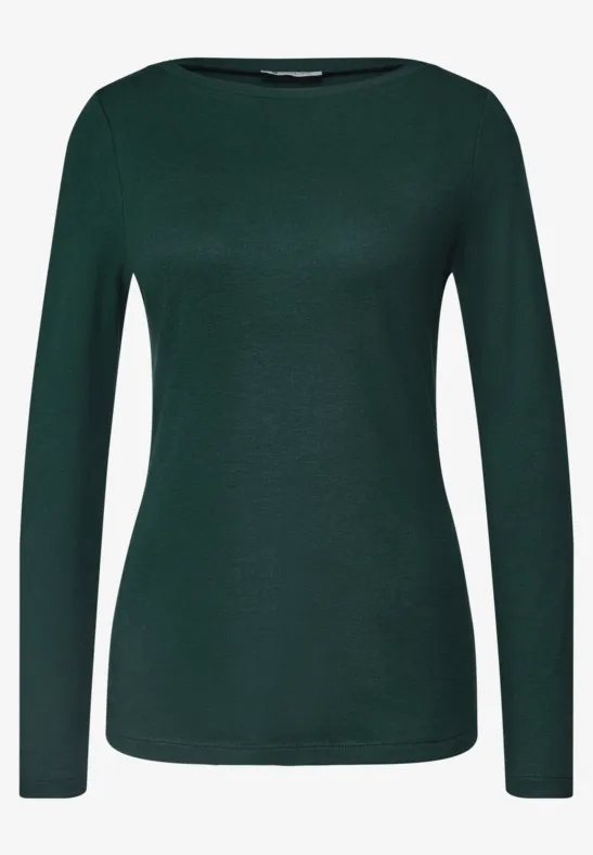 Een donkergroene, effen dames longsleeve zonder patroon.