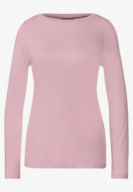 Schlichtes, rosafarbenes Langarmshirt für Damen mit Rundhalsausschnitt.