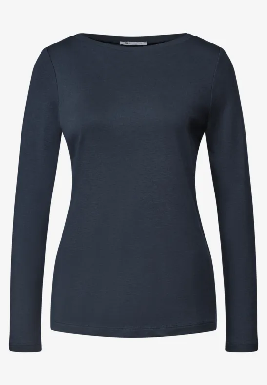 Donkerblauw, effen langarmshirt met ronde hals.