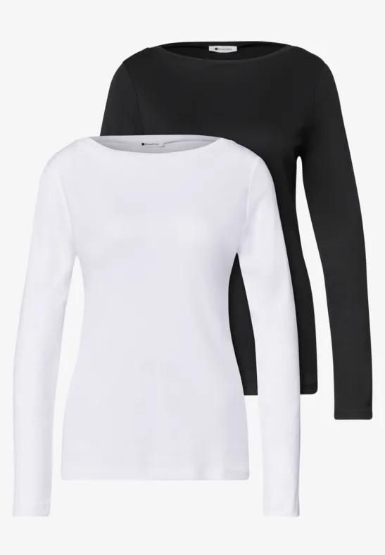 Zwei unifarbene Langarmshirts, eins weiß und eins schwarz, mit Rundhalsausschnitt.
