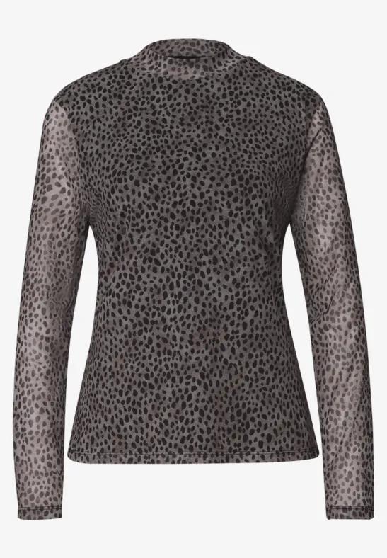 Leicht transparentes, langärmliges Damenoberteil mit grauem, gepunktetem Animal-Print.