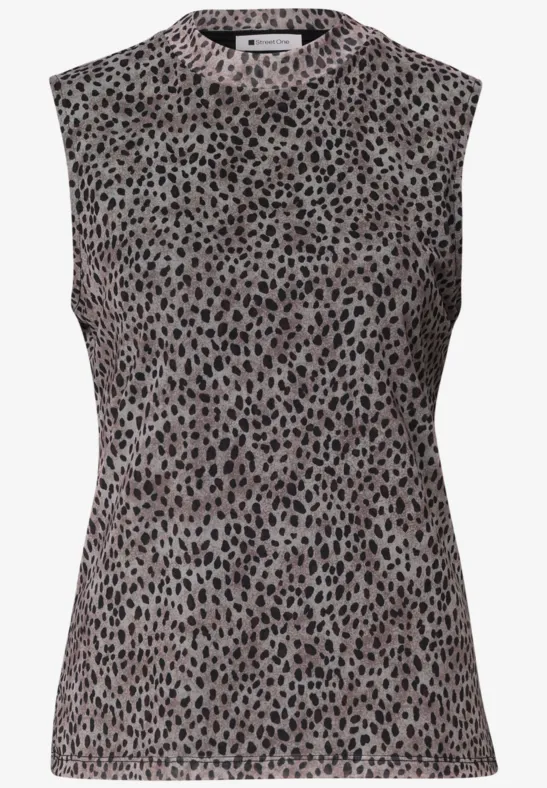 Ärmelloses Top mit dezentem Leopardenmuster in Grau und Braun.