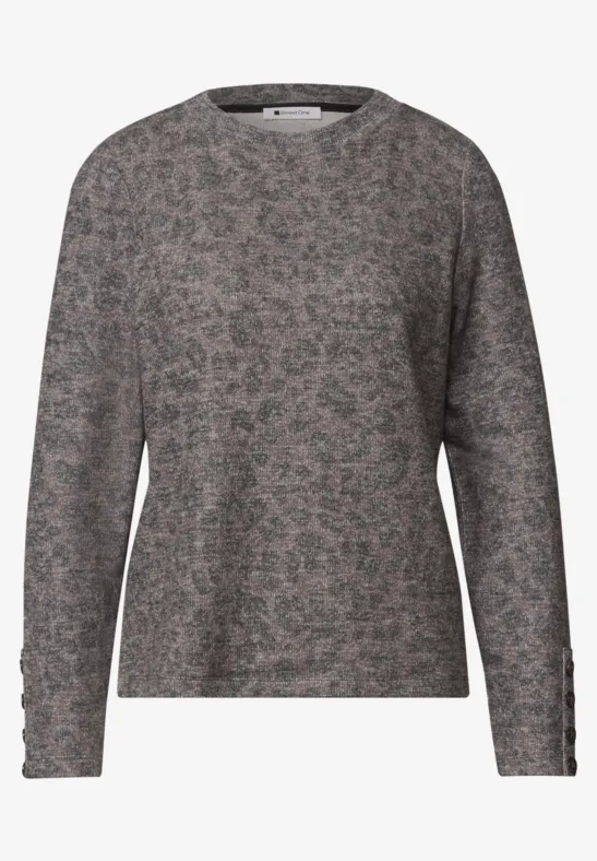 Grauer Pullover mit dezentem floralen Allovermuster, langärmlig und leger geschnitten.