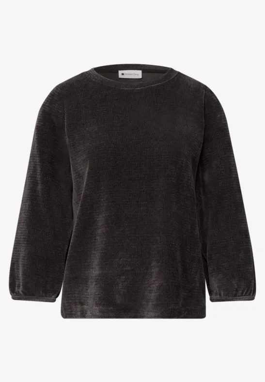 Schlichter schwarzer Samt-Pullover mit Rundhalsausschnitt und langem Ärmel
