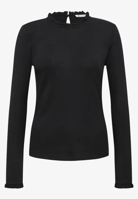 Schwarzes Langarmshirt mit Rüschenkragen und schmaler Passform.