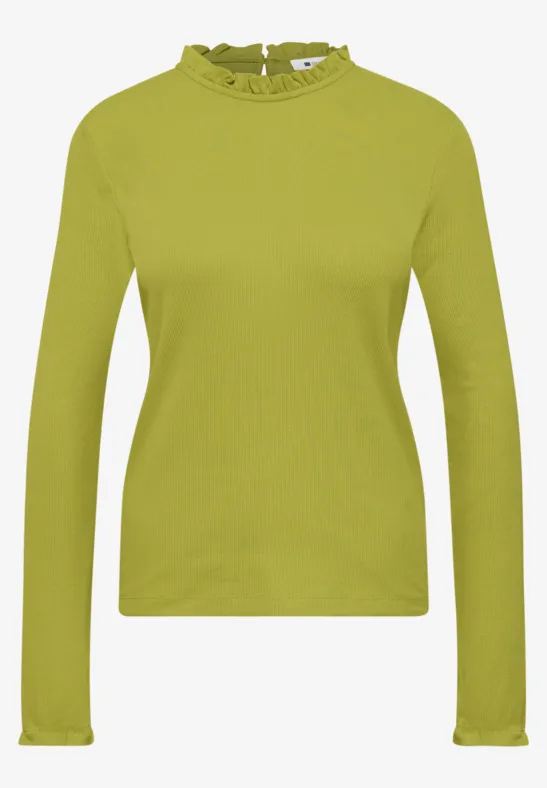 Lichtgroen, strak aansluitend T-shirt met lange mouwen en subtiele opstaande kraag.