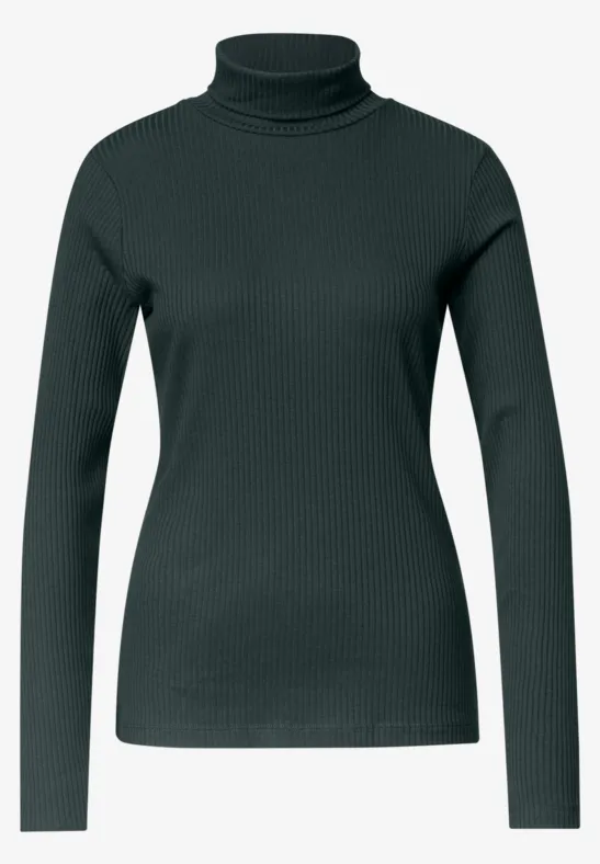 Damenstrickpullover mit Rollkragen und langen Ärmeln in dunklem Grün.