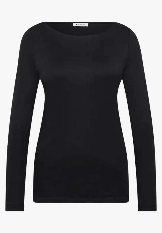Schwarzes, schlichtes Langarmshirt mit Rundhalsausschnitt.