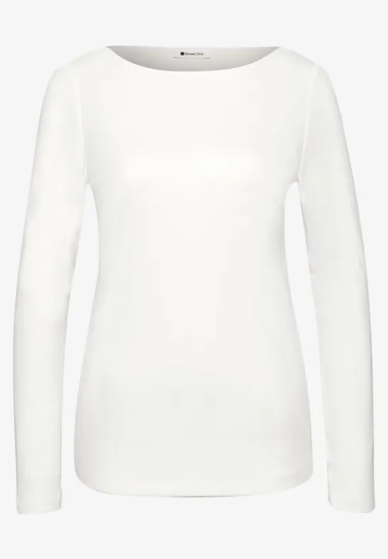 T-shirt à manches longues blanc uni en mélange de coton, col rond.