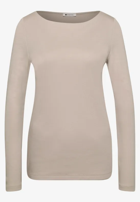 Schlichtes langärmeliges Damen-Shirt in Beige mit Rundhalsausschnitt