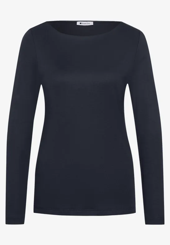 Schwarzes Langarmshirt mit rundem Ausschnitt, schmaler Passform und glatter Textur.