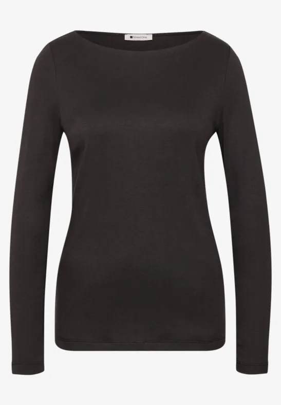 Schwarzes, schmal geschnittenes Langarmshirt mit Rundhalsausschnitt.