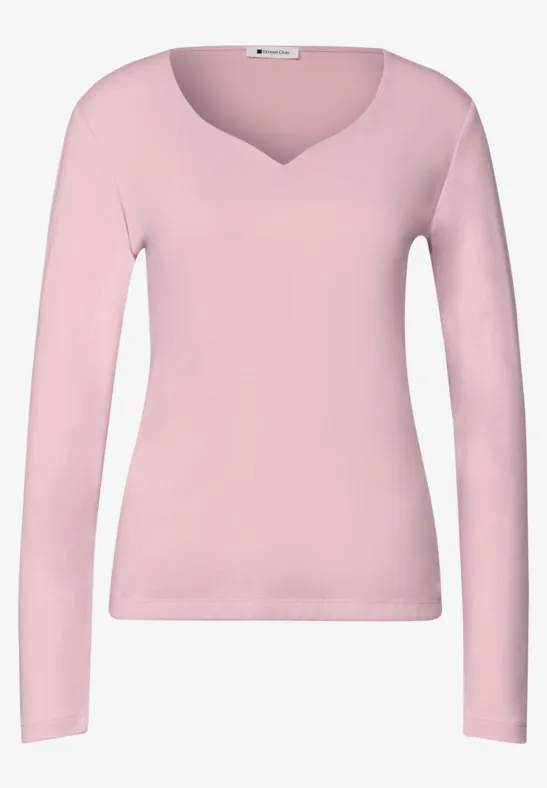 Leichter rosa Langarmpullover mit V-Ausschnitt für Damen, einfarbig und schlicht.