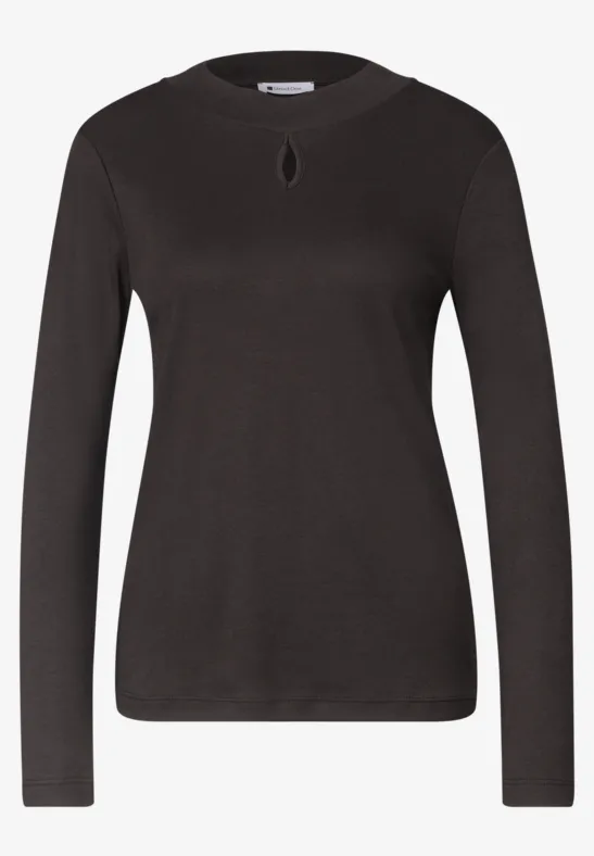 T-shirt noir à manches longues avec encolure ronde et petite découpe goutte