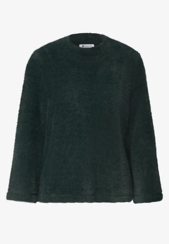 Pull vert foncé duveteux à col rond et manches longues.