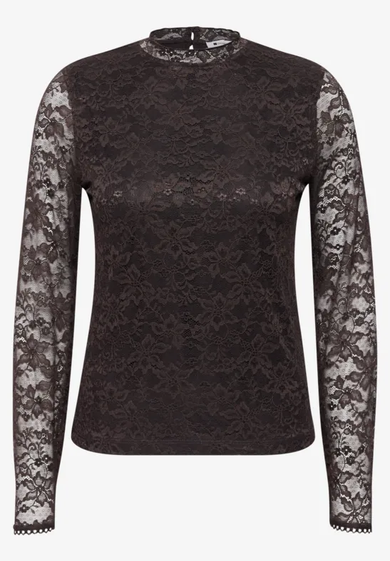 Zwart kanten shirt met lange mouwen, hoge kraag, nauwsluitende pasvorm.
