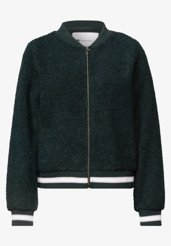 Donker groene Teddy-Fleece bomberjas met rits en gestreepte boorden.