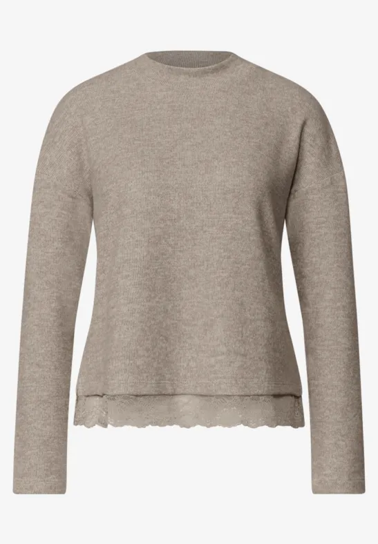 Beiger Langarm-Pullover mit Rundhalsausschnitt und gewelltem Saum