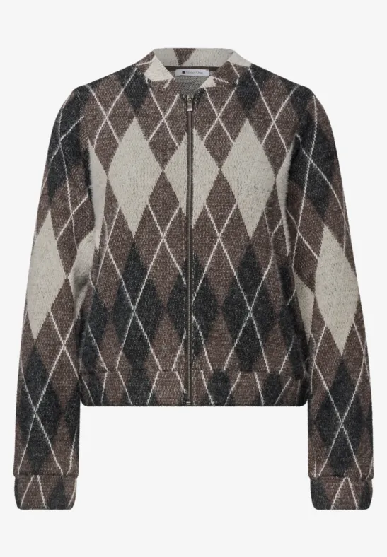 Brauner Strickpullover mit cremefarbenem Rautenmuster