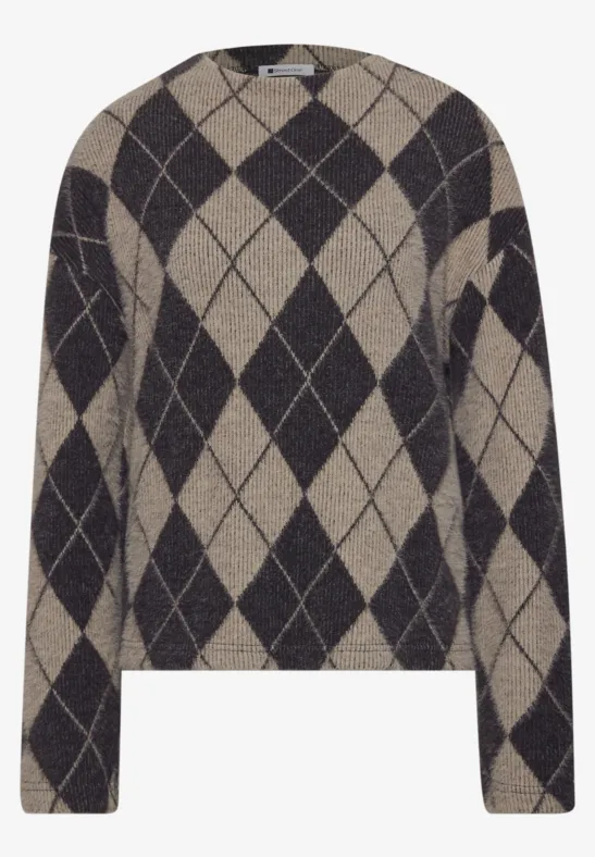 Trui met donkergrijs en beige ruitmotief, lange mouwen, recht model.
