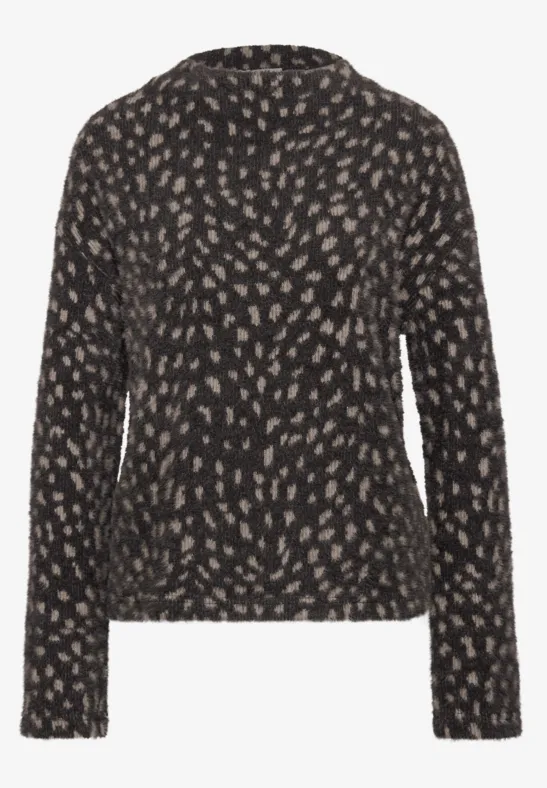 Zwarte trui met lange mouwen en beige abstract bladmotief, casual pasvorm