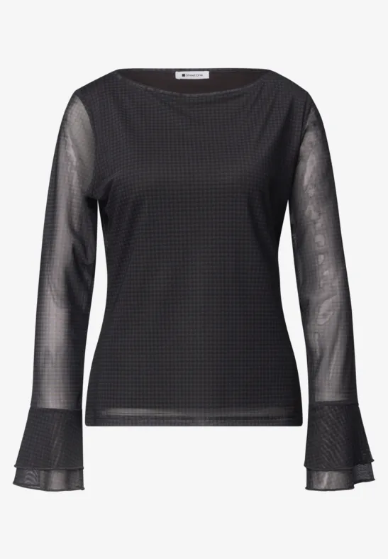 Schwarzes, langärmeliges Mesh-Shirt mit transparenten Ärmeln und dezentem Karomuster.