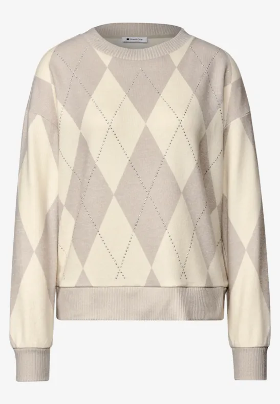 Pull en maille beige à motif losange et col rond