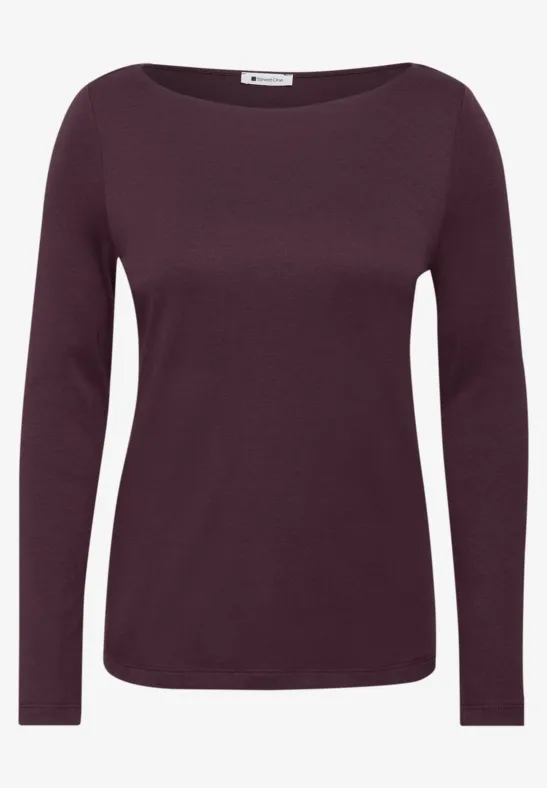 Bordeaux damesshirt met lange mouwen en ronde hals, eenvoudig en strak design.