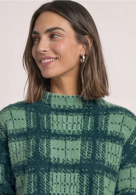 Vrouw met bruin haar, draagt een groene geruite knittrui en zilveren oorbellen, glimlachend.