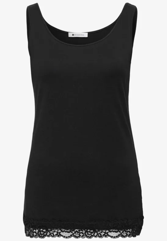 Schlichtes ärmelloses Top in Schwarz mit zartem Spitzensaum am Saum.