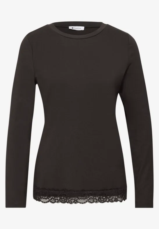 Schwarzes Langarmshirt mit Rundhalsausschnitt und Spitzenbesatz am Saum