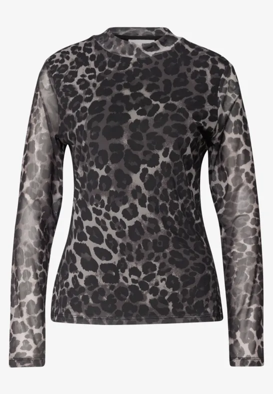 Dames mesh longsleeve met ronde hals, zwart-grijs luipaardprint.