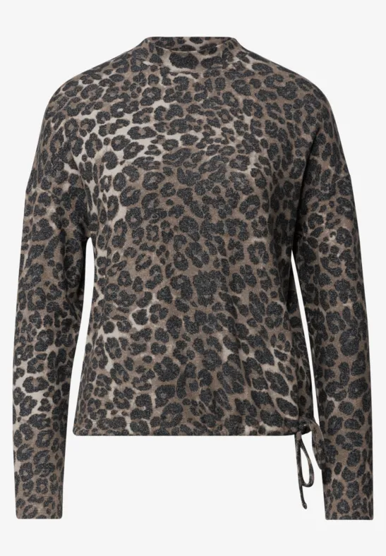 Leichter Damenpullover mit braun-schwarzem Leopardenprint, langärmlig und seitlicher Kordelzug am Saum.