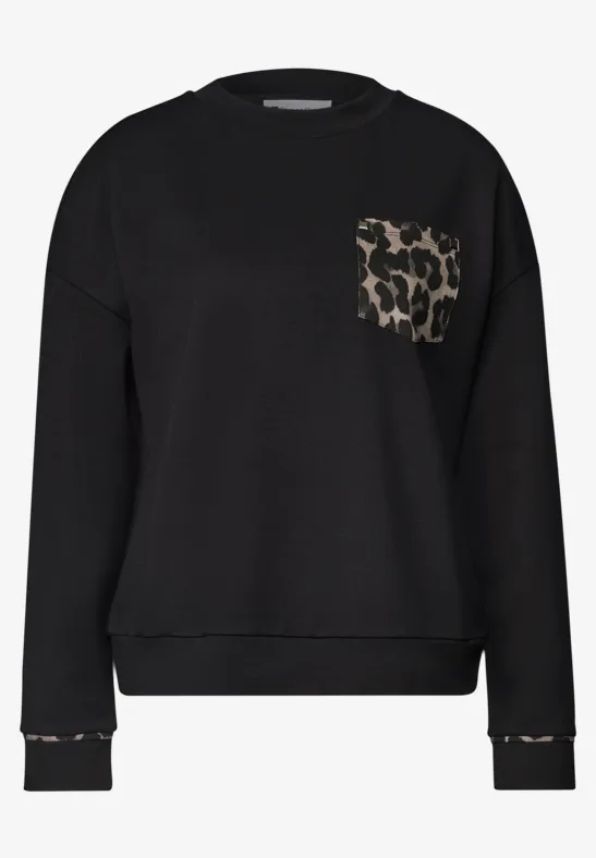 Schwarzer Sweatshirt mit Leoprint-Tasche und Leoprint-Details an den Bündchen.