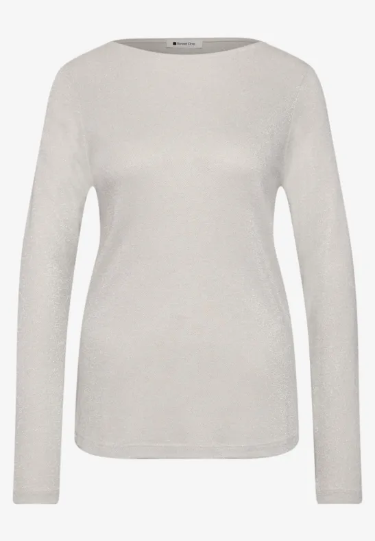 Einfacher cremefarbener Langarmshirt mit rundem Ausschnitt.