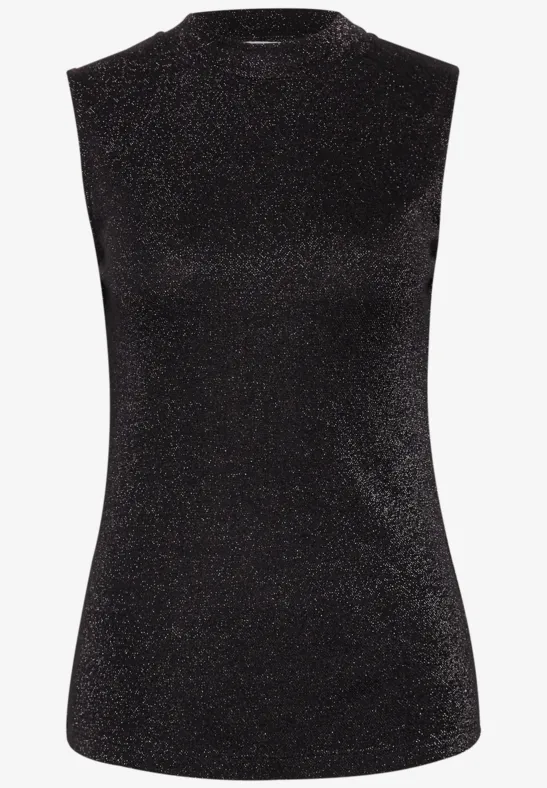 Ärmelloses schwarzes Top mit schimmerndem Glitzereffekt.