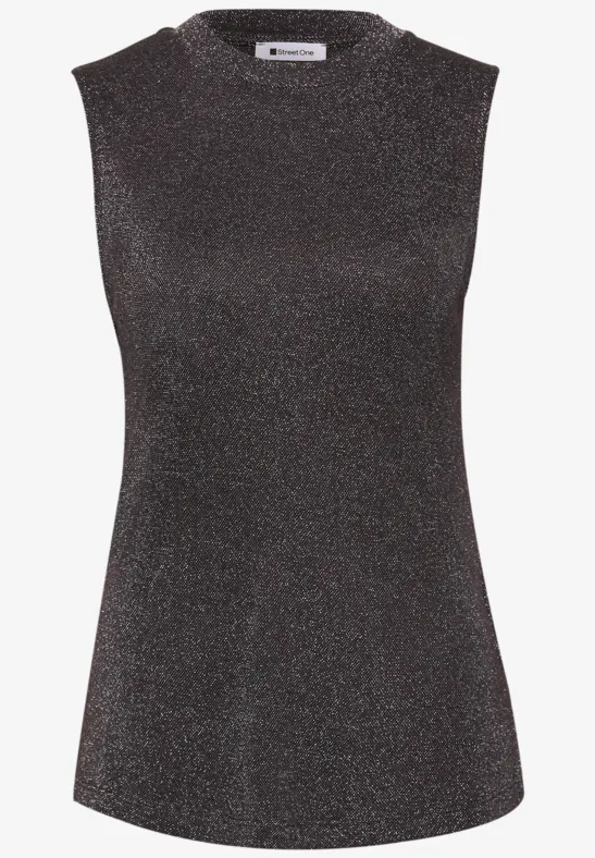 Schwarzes, ärmelloses Top mit dezentem Glitzereffekt und rundem Halsausschnitt.