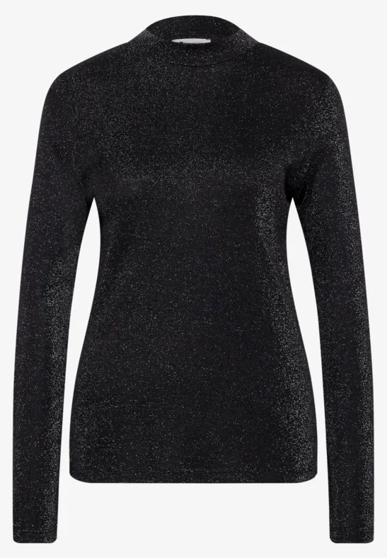Schwarzer glitzernder Langarmpullover mit engem Schnitt.