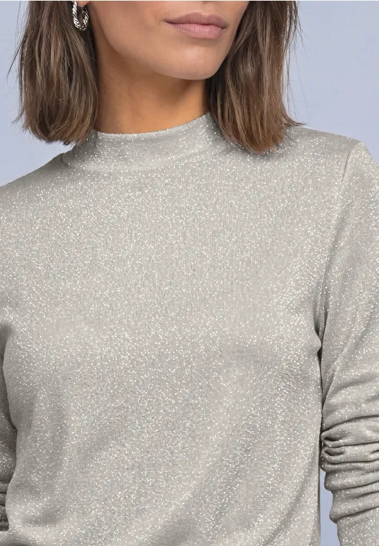Frau in silbernem, glitzerndem Langarm-Pullover mit Stehkragen, betonter Oberkörper, seitliche Ohrstecker.