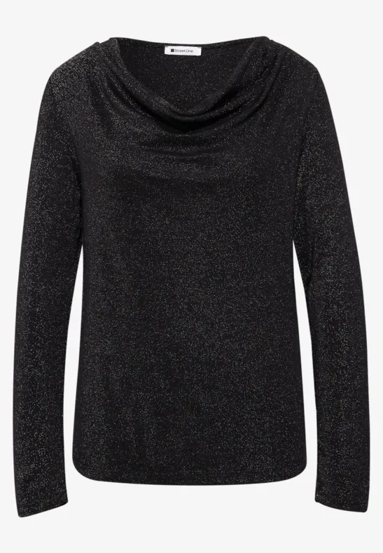 Zwart glinsterende damesblouse met watervalhals en lange mouwen