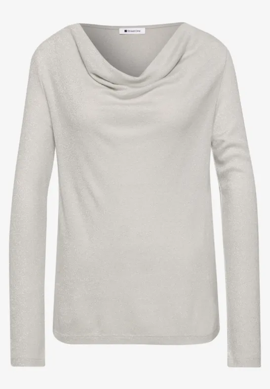 Helles graues Langarmshirt mit weitem, drapiertem Wasserfallausschnitt