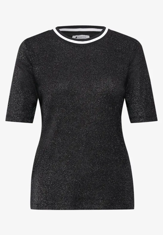 Schwarzes, schimmerndes T-Shirt mit kurzen Ärmeln und Rundhalsausschnitt, figurbetont geschnitten.