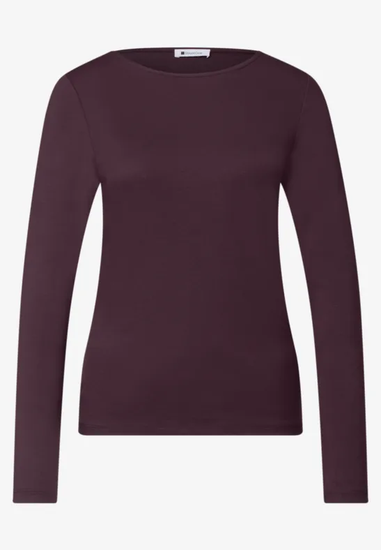 Paars dameslongsleeve met ronde hals en getailleerde pasvorm.