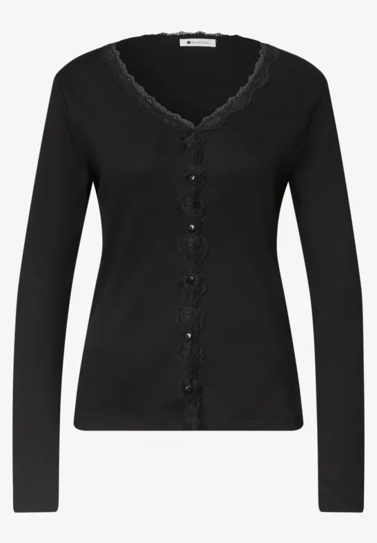 Schwarze Damen-Strickjacke mit V-Ausschnitt, Spitzenbesatz und Knopfleiste.