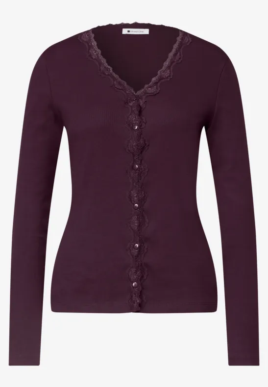Dunkelviolette Damenstrickjacke mit Spitzenbesatz und Knopfverschluss