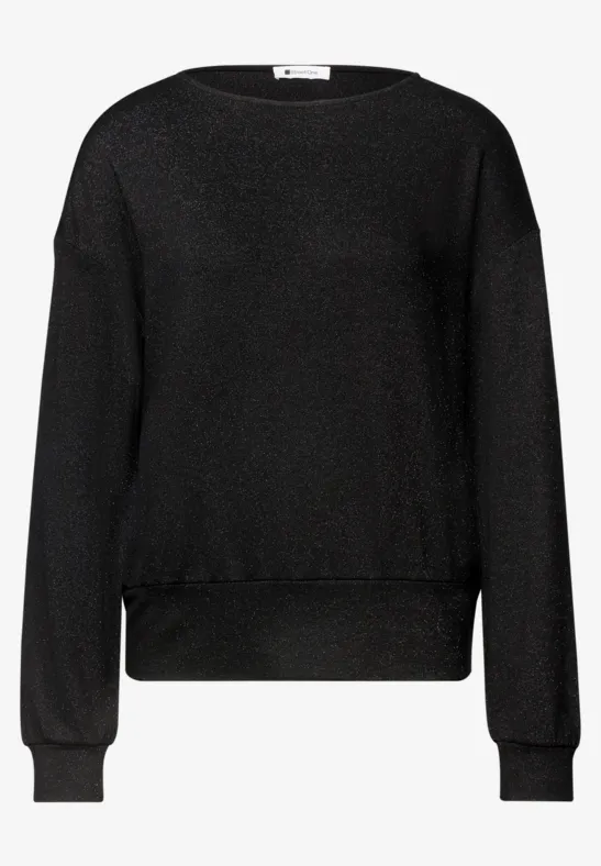 Schwarzer, schlichter Pullover mit rundem Ausschnitt, langen Ärmeln und lässigem Schnitt.