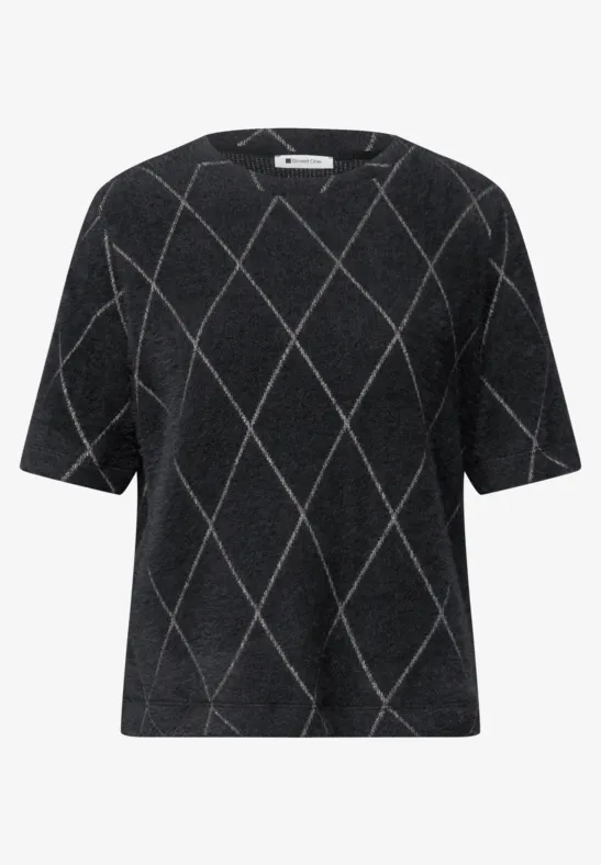 Schwarzes, kurzärmeliges Shirt mit dezentem Rautenmuster.